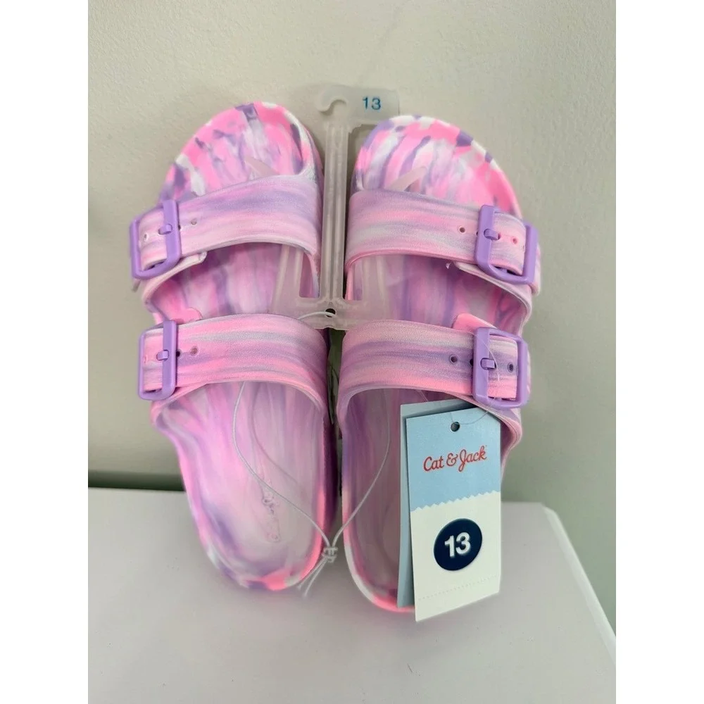 Cat & Jack Slide Sandals Girls Size 13 Pink Purple Marble Double Buckle NWT